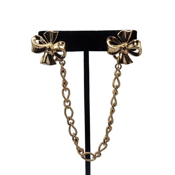Crown Trifari Sweater Clips Pin Double Bows Detachable Chain Vintage Gold Tone - Picture 15 of 16